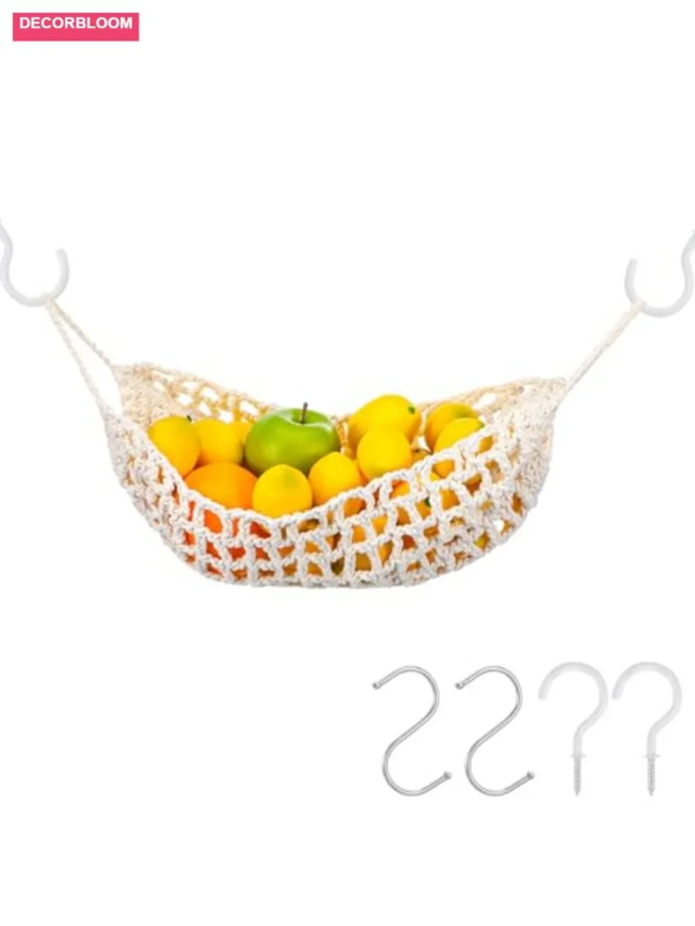 Hand-Woven Pure Cotton Hanging Fruit Basket Under Cabinet with Hooks, Boho